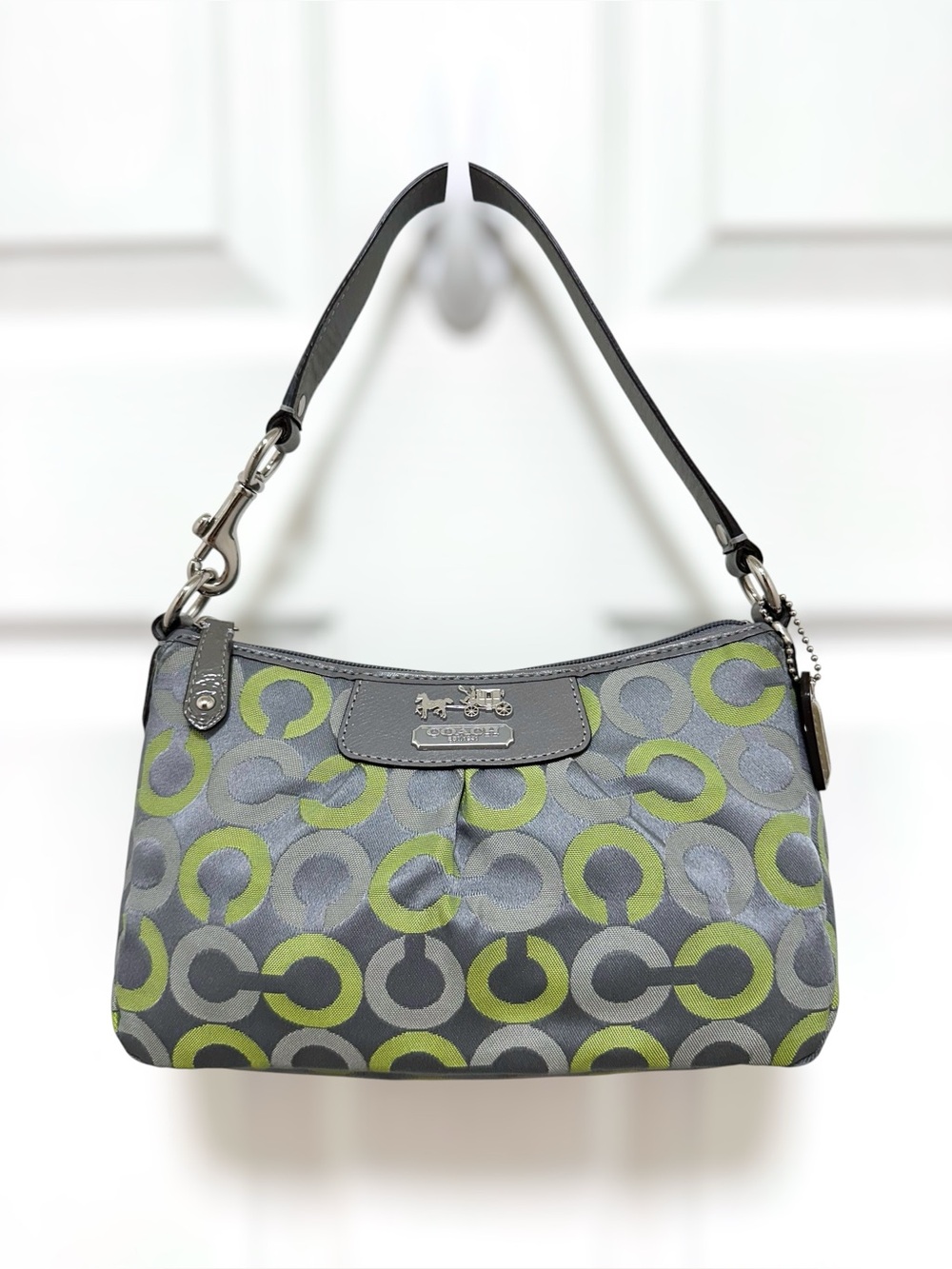 Coach Madison Demi Pouch Bag Op Art Graphite Gray Lime Green‎ Leather